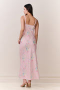 Pink floral satin maxi slip dress back view with lace-trim straps