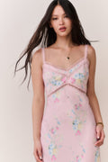 Pink floral satin maxi slip dress with lace-trim V neckline and thin spaghetti straps