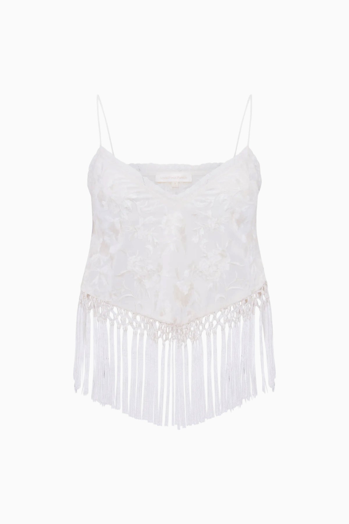 Ivory lace crop top with spaghetti straps and V-neck, white fringe hem