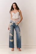 Ivory lace crop top with spaghetti straps, V-neck, layered fringe hem