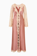 Satin and lace midi dress in blush with long sleeves and front lace trim