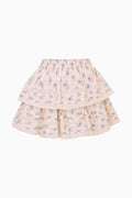 Floral ruffle mini skirt, cream base, layered tiered look with lace edging