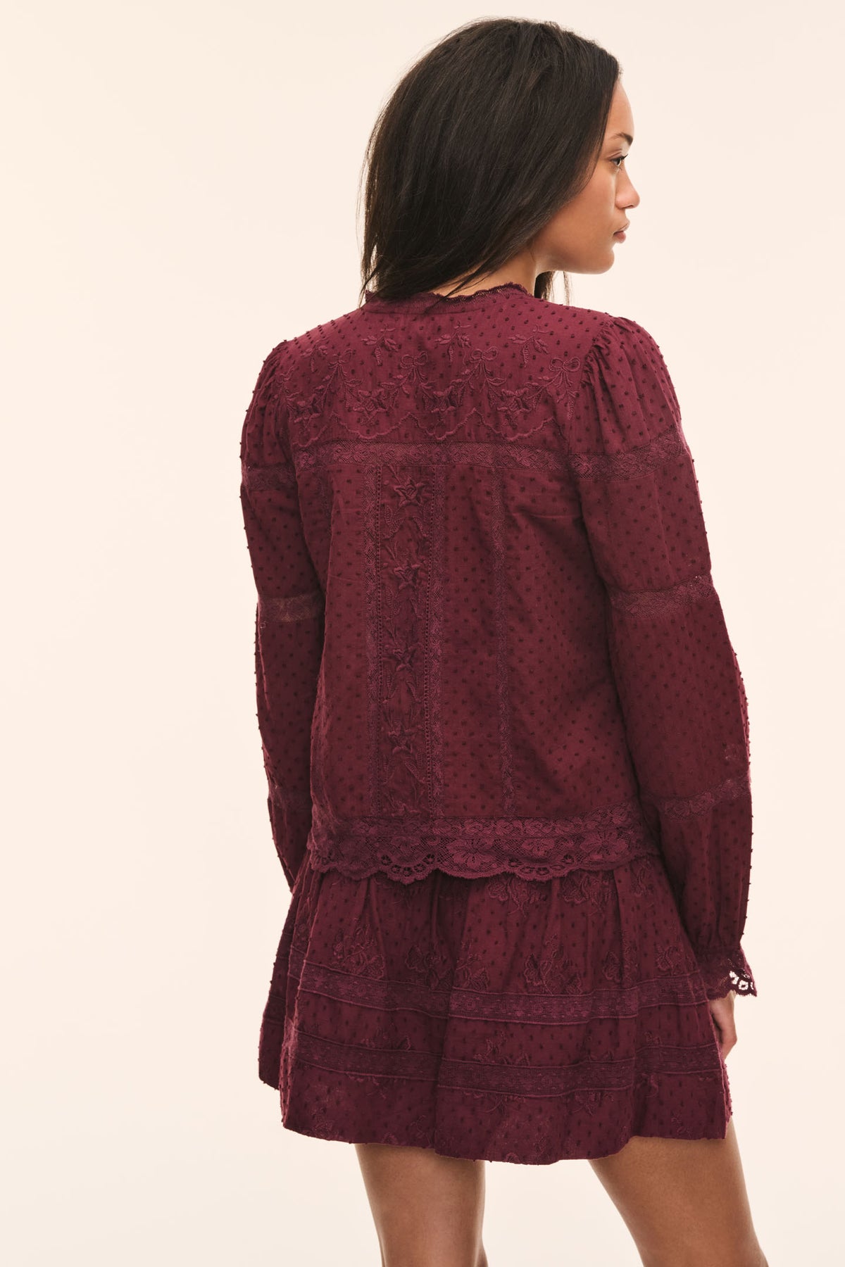 Cotton Swiss dot mini skirt in faded merlot, tiered ruffle hem and lace trim