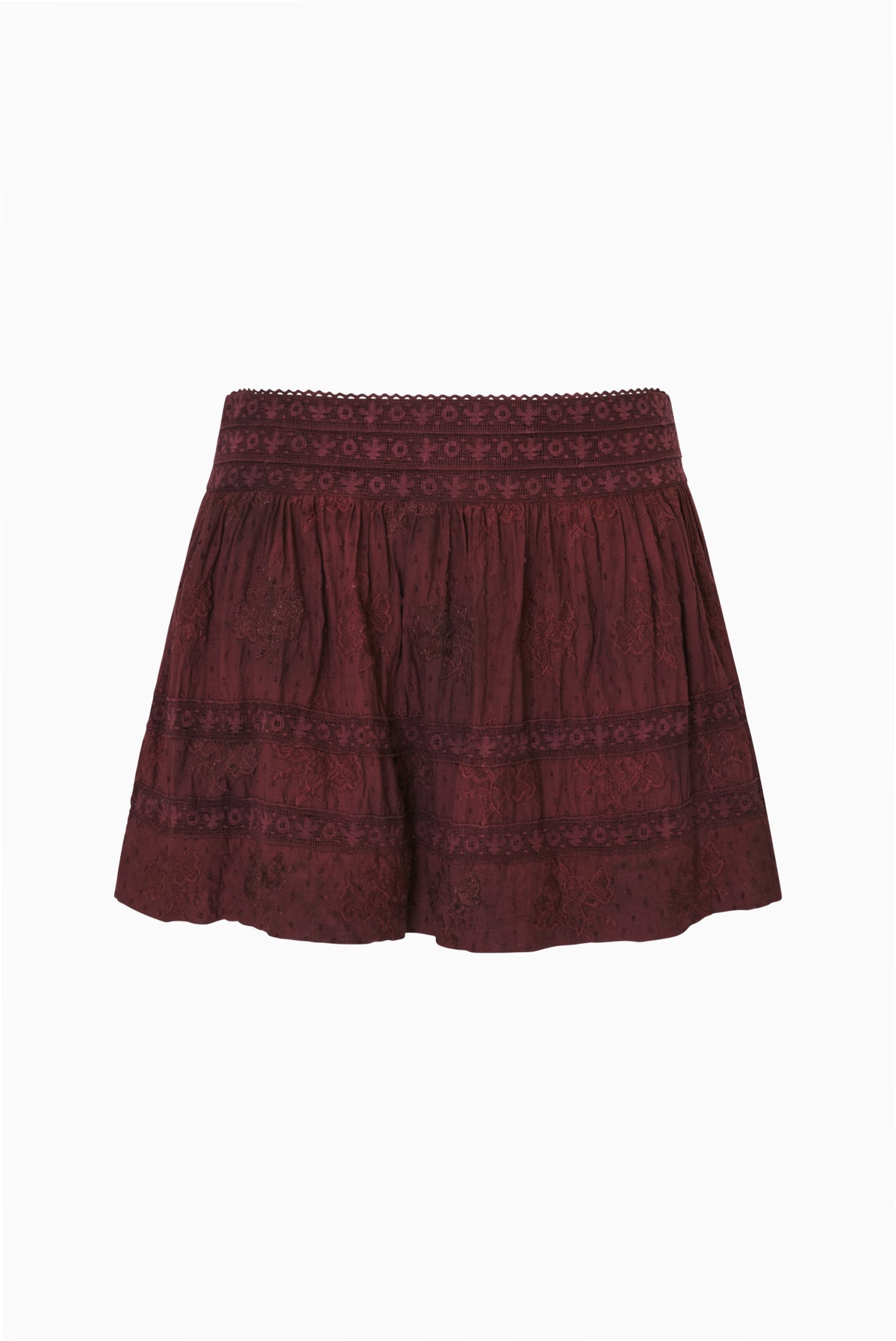 Faded merlot cotton Swiss dot mini skirt with tiered ruffle hem, lace trim