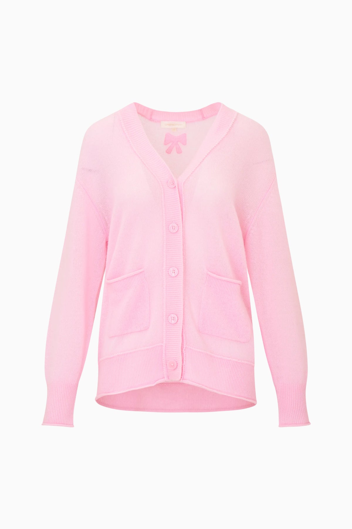 Lightweight pink cashmere cardigan with button front and patch pockets