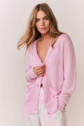 Pink cashmere cardigan with deep V neckline and button front