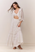 White cotton maxi skirt with button front and tiered embroidered ruffles