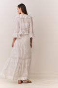 White cotton maxi skirt with back yoke, tiered ruffle hem, embroidered panels