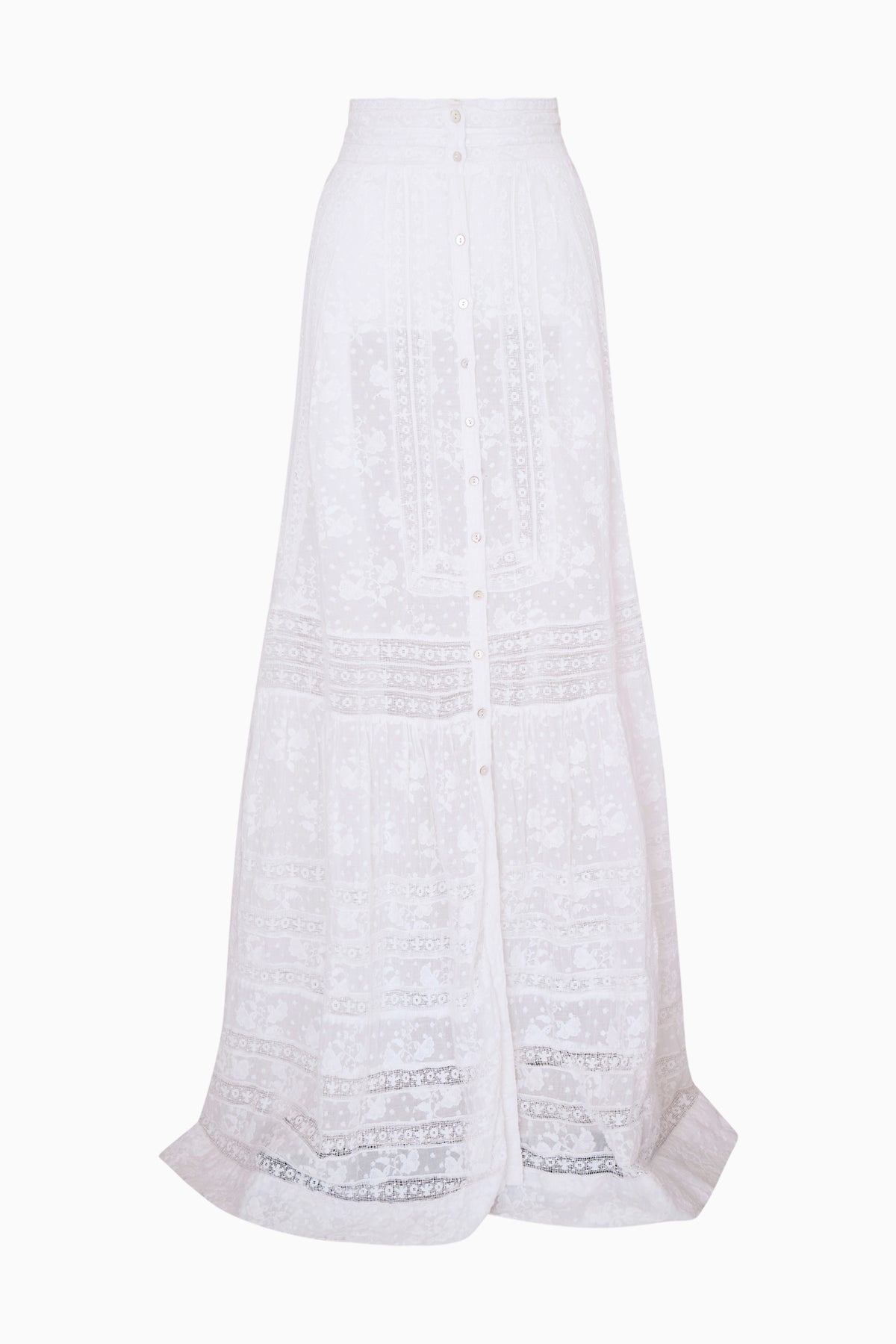 White cotton Victorian maxi skirt with tiered hem and embroidered panel details