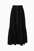 Black cotton maxi skirt with front buttons and tiered flounce hem