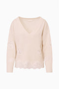 Ardena wool sweater with lace, ivory V-neck knit with long sleeves and scalloped hem