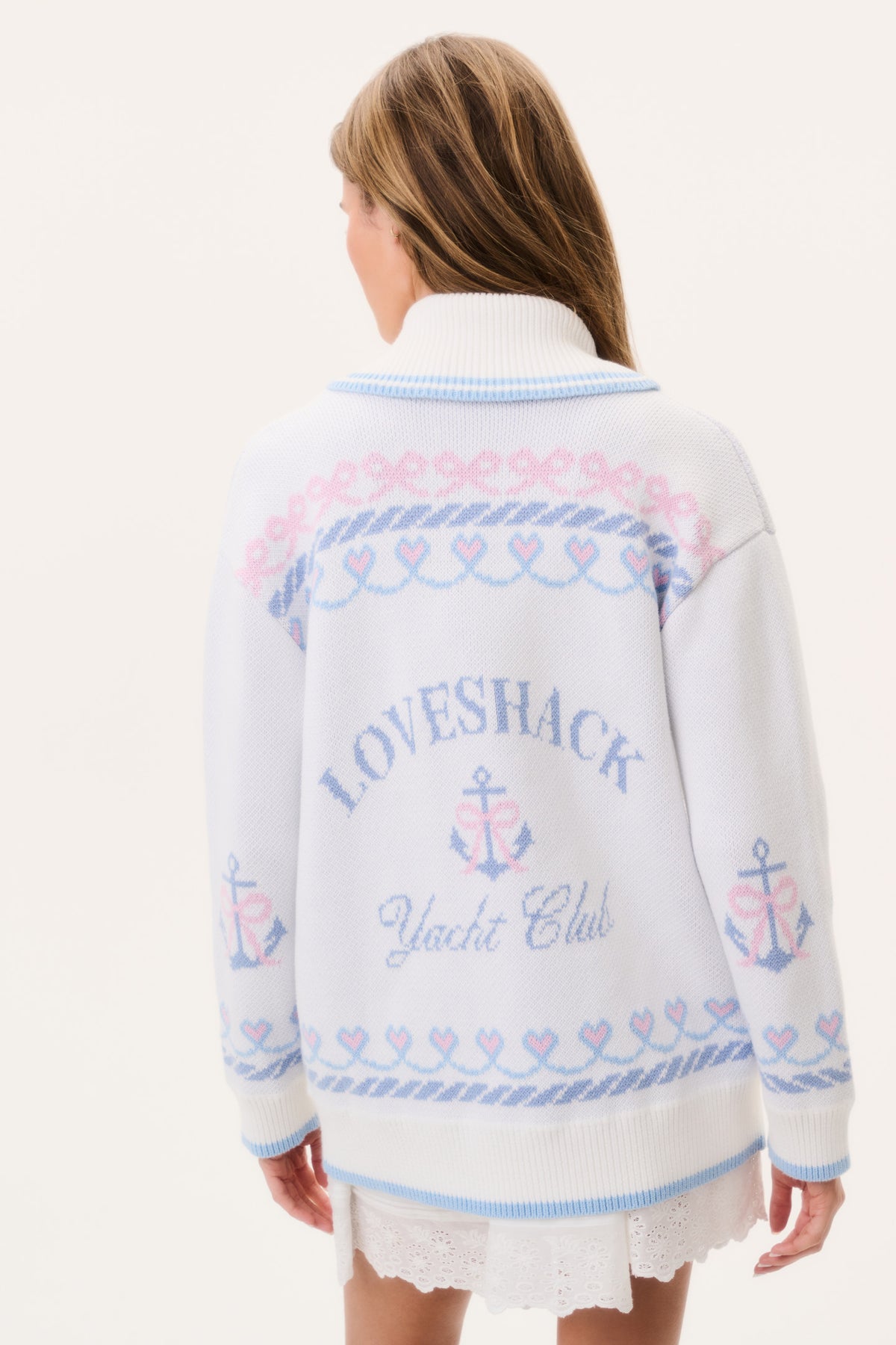 Light knit cardigan back with LOVESHACK Yacht Club text, anchor and ribbed trim
