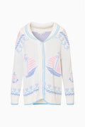 Light knit cardigan with button front, V-neck, nautical flags print, ribbed cuffs