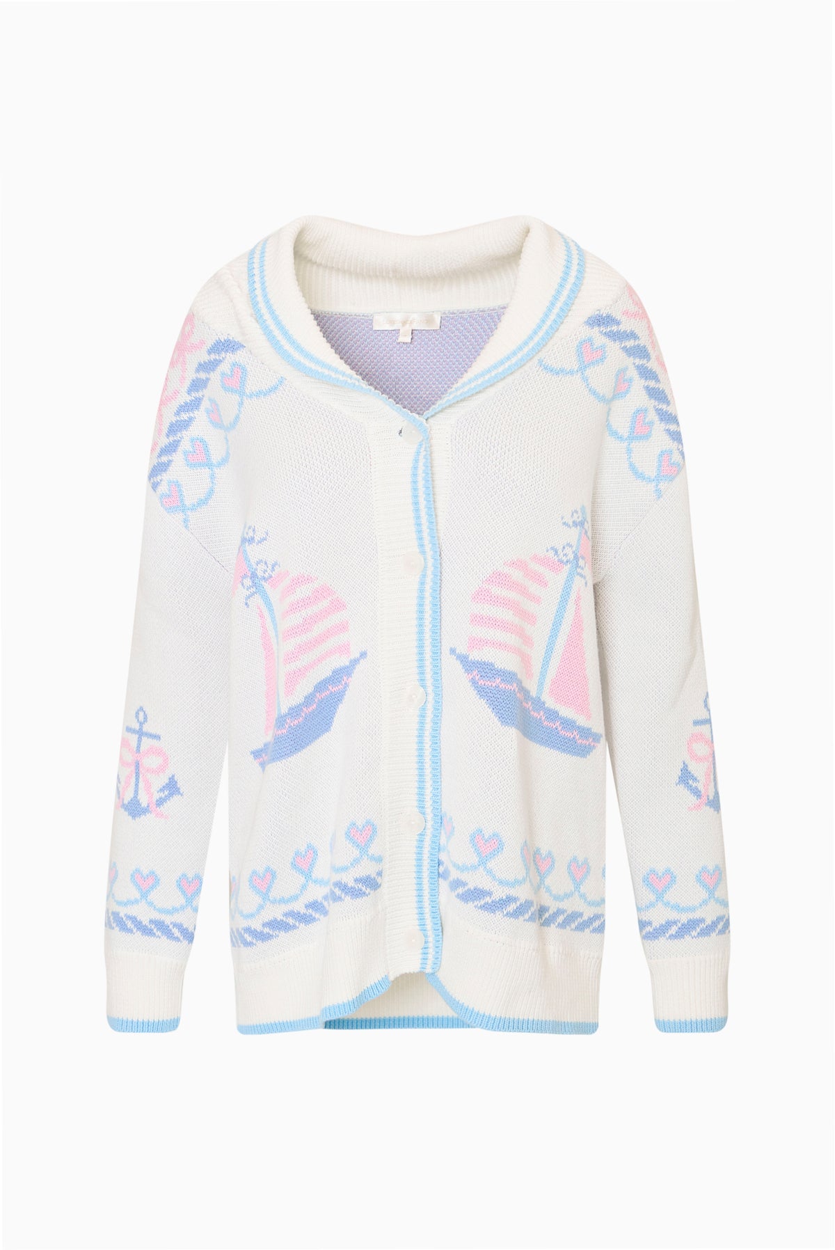 Light knit cardigan with button front, V-neck, nautical flags print, ribbed cuffs