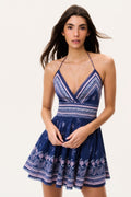 Midnight blue cotton mini dress with bandana print, V-neck and tiered skirt
