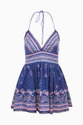 Midnight blue cotton mini dress on hanger, V-neck halter and bandana print skirt