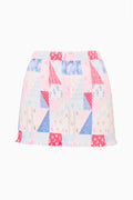 Patchwork print swim skirt, flared A-line shape with ruffle hem