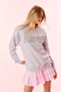 Light blue crewneck pullover sweatshirt with large “ASPEN” graphic on back