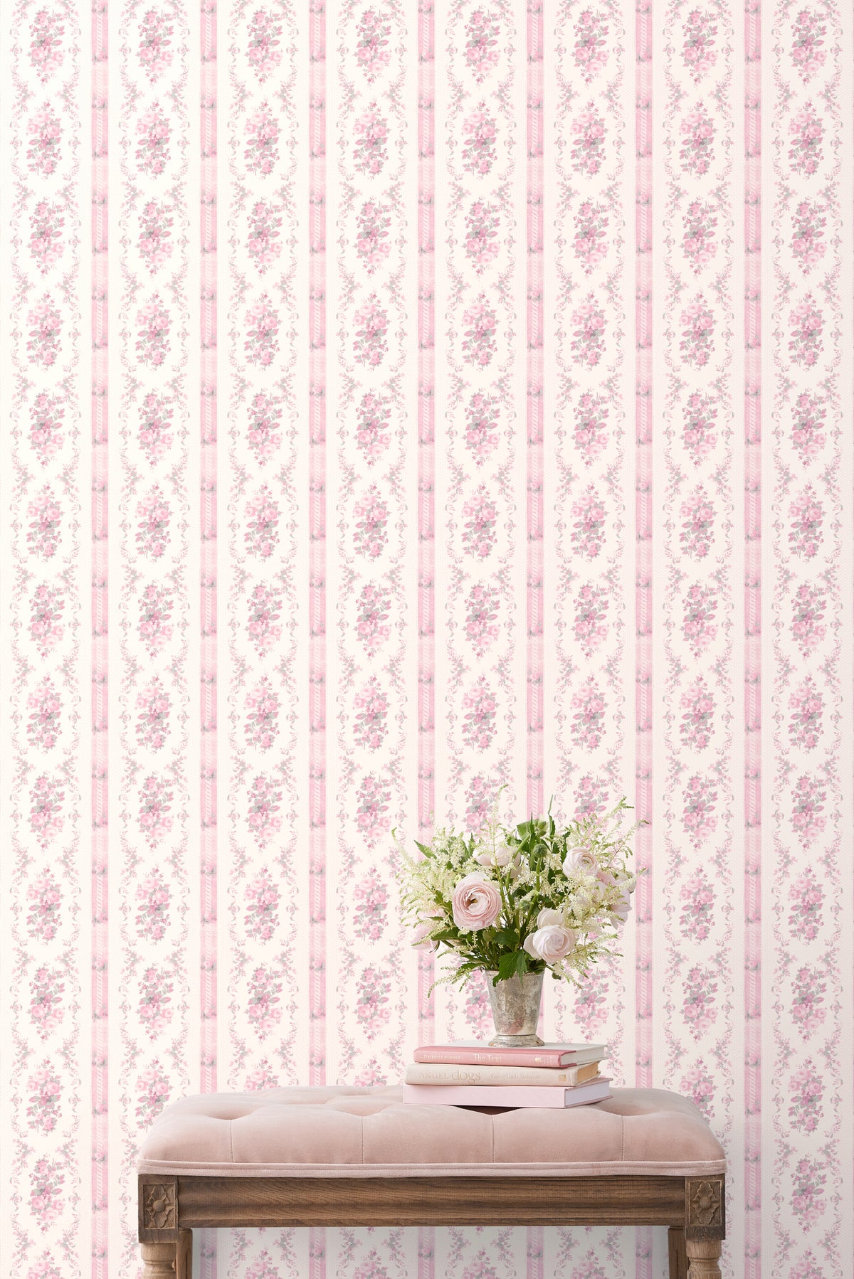 Pink floral vertical stripe peel-and-stick wallpaper sheet, hanging pattern