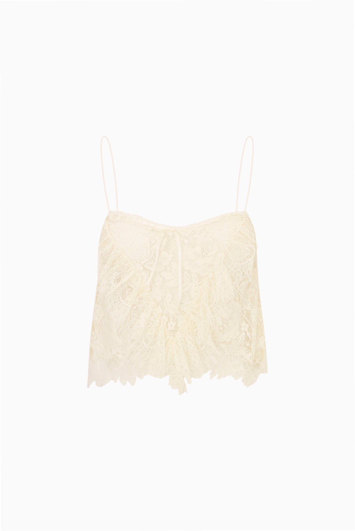 Auraveyn lace ruffle cami flat lay, off-white lace camisole with spaghetti straps