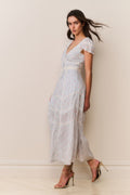 Light blue floral cotton midi dress, V-neck with puff sleeves and tiered hem