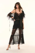 Black lace cropped blouse with sheer fringe cape sleeves and scalloped trim