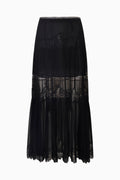 Black lace pleated maxi skirt with sheer tiers, flat lay