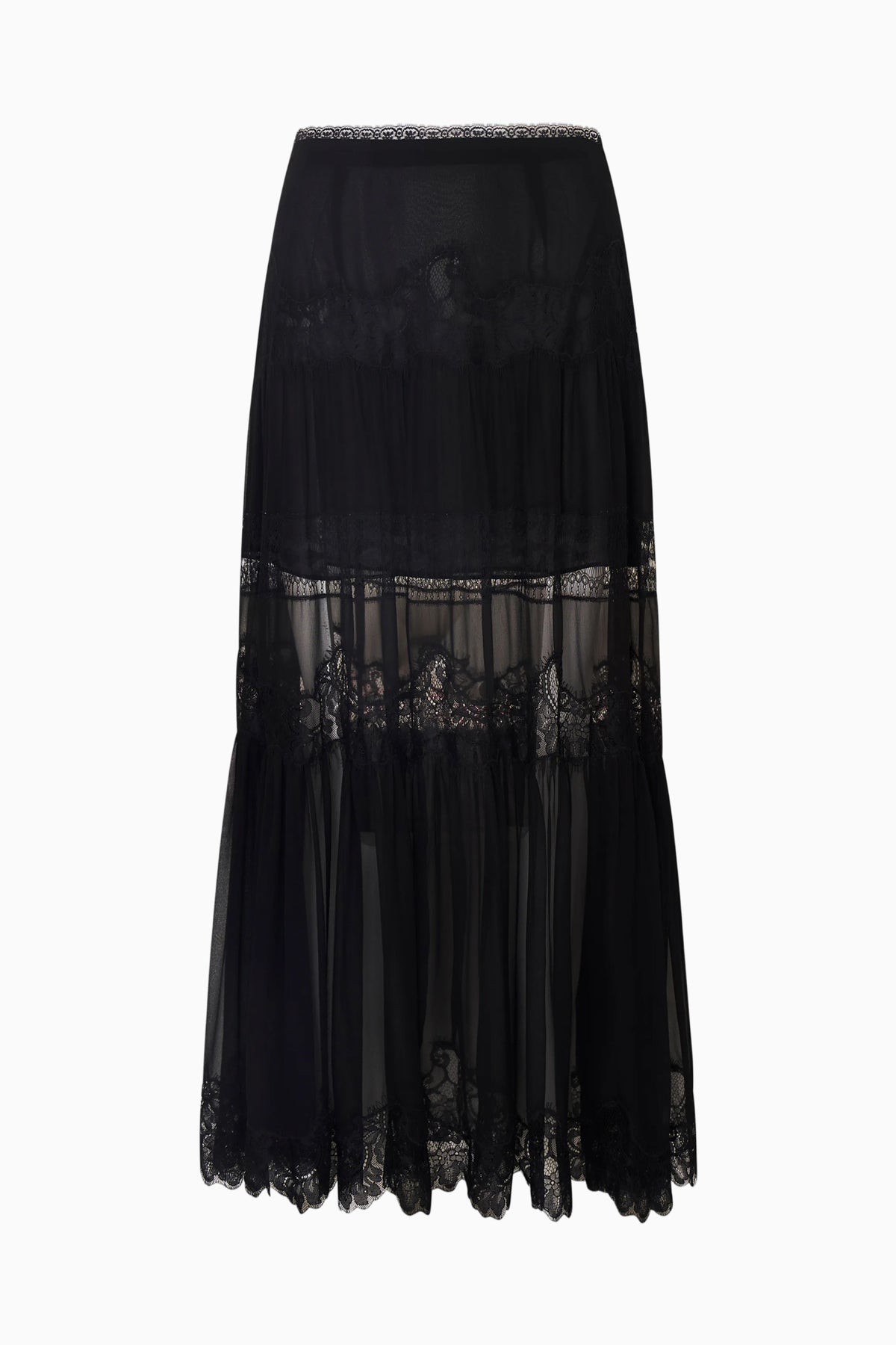 Black lace pleated maxi skirt with sheer tiers, flat lay