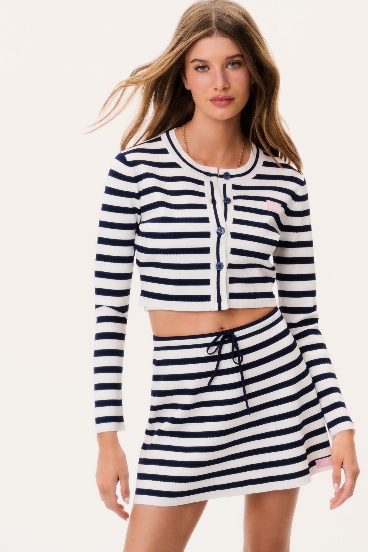 Striped knit cardigan with button-front placket, ribbed collar and cuffs, navy/white