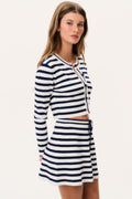 Navy and white striped stretch knit mini skirt with drawstring tie at waist