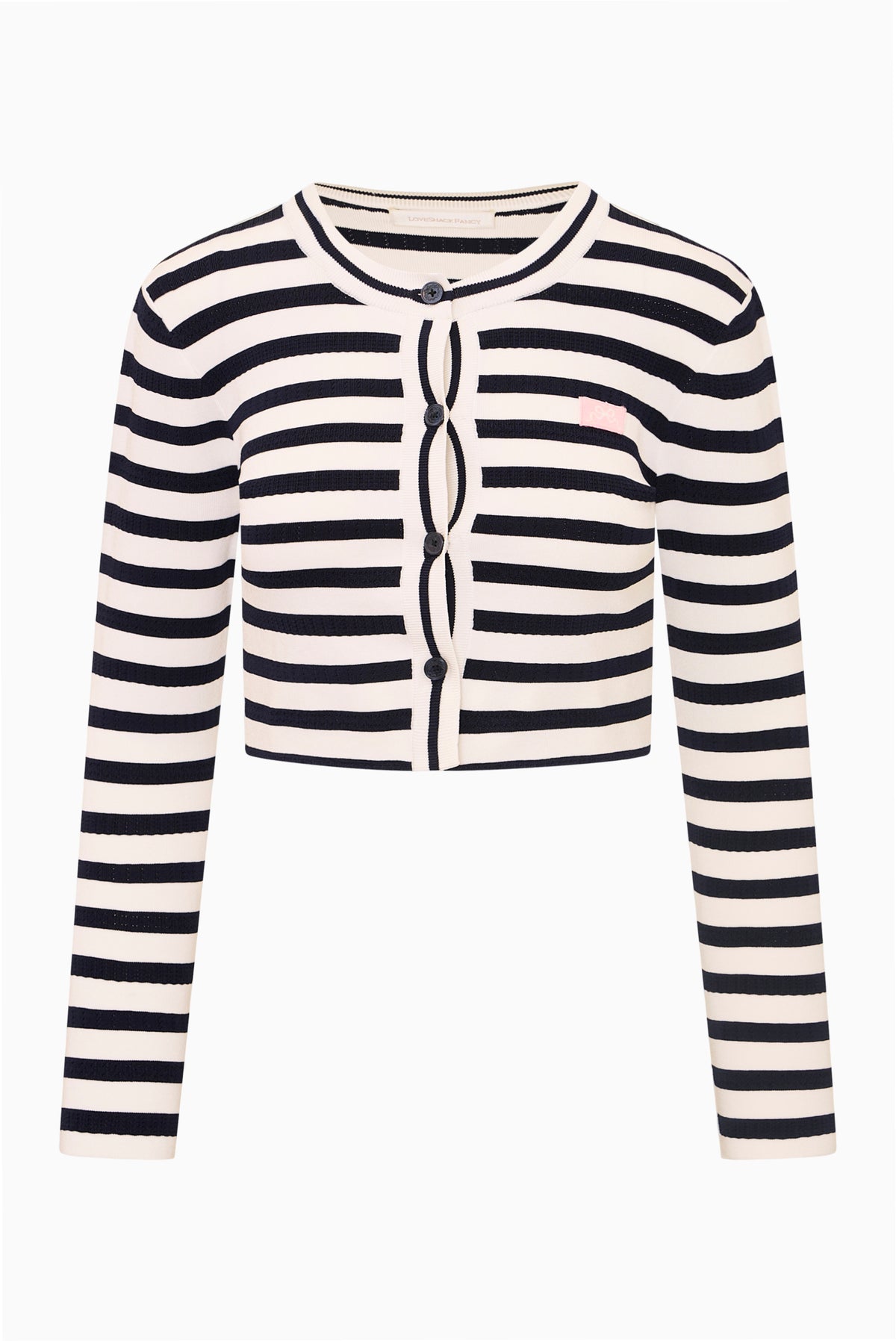 Navy-and-white striped stretch knit cardigan, button-front, long sleeves