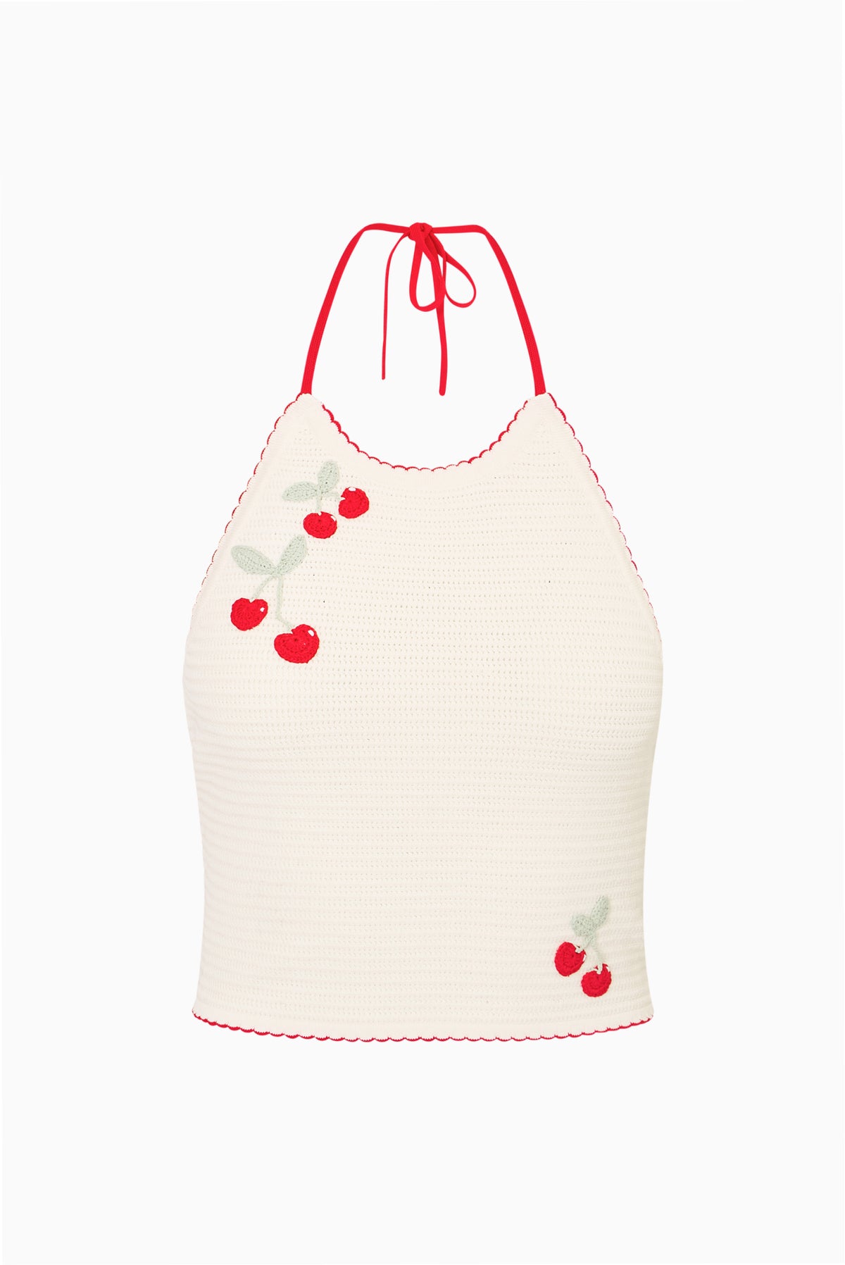 Crochet halter top with red scalloped trim and cherry appliques, tie-back straps