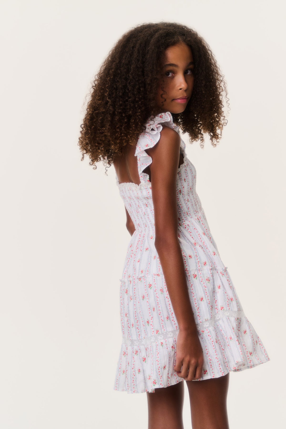 Tween cherry-print striped dress with flutter ruffled sleeves and tiered hem