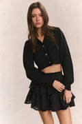 Black ribbed cropped V-neck cardigan with button front and long sleeves