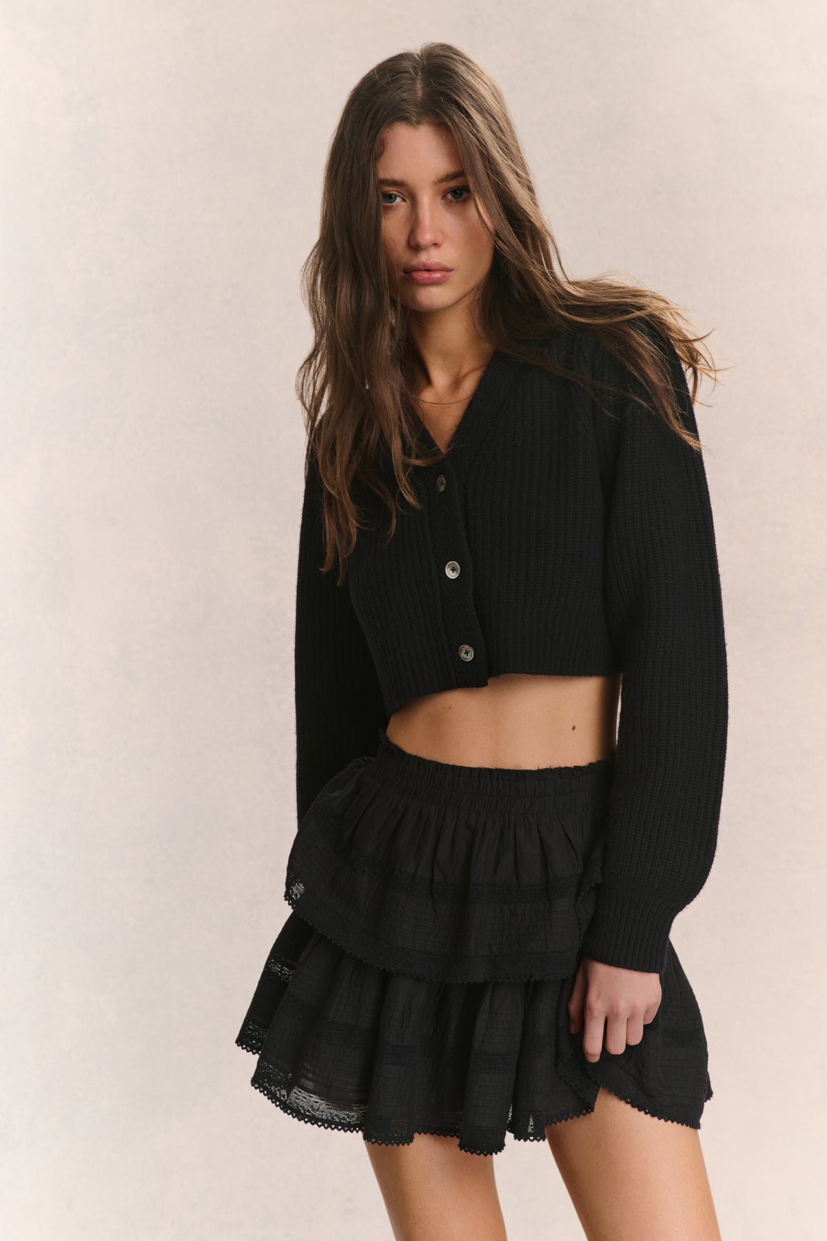 Black ribbed V-neck crop cardigan with button front and long sleeves