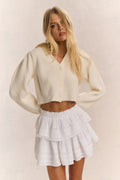 Ivory striped ribbed V-neck crop cardigan with button front and long sleeves