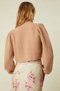Fawn ribbed cropped V-neck cardigan, back view with long sleeves