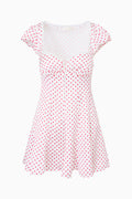 Pink polka-dot mini dress flat lay, cap sleeves, sweetheart bodice, ruffled hem