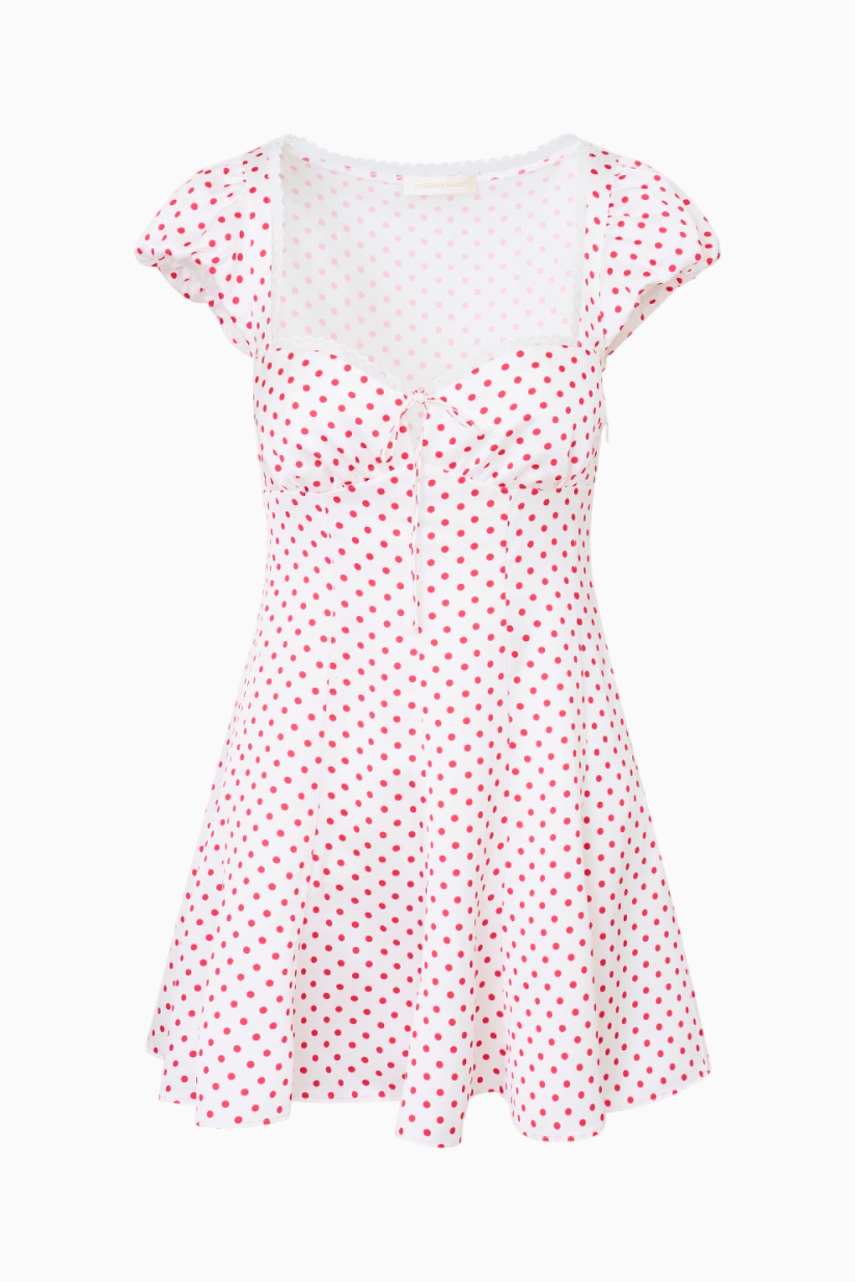 Pink polka-dot mini dress flat lay, cap sleeves, sweetheart bodice, ruffled hem