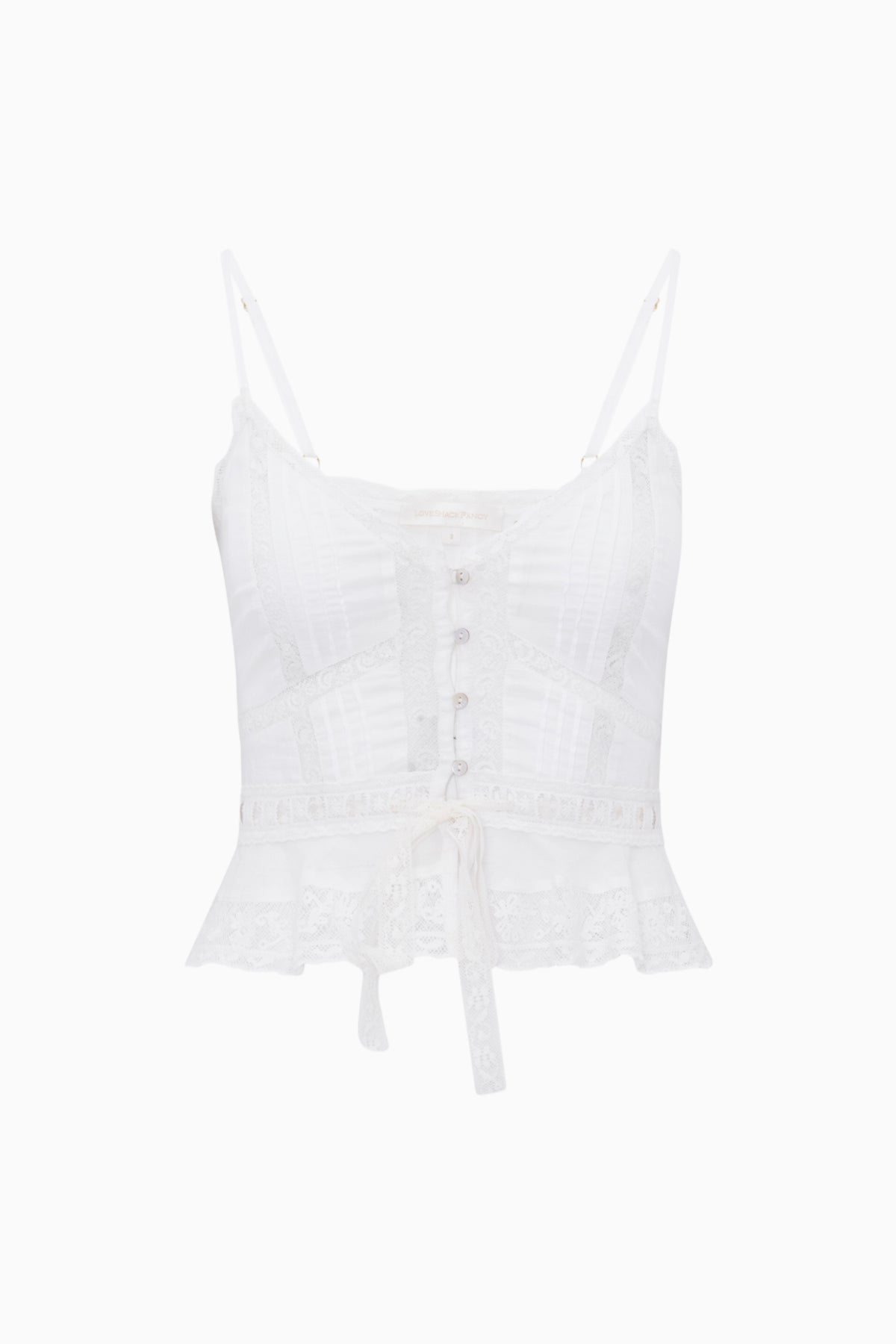 White cotton Victorian top with lace yoke, corset front buttons, spaghetti straps