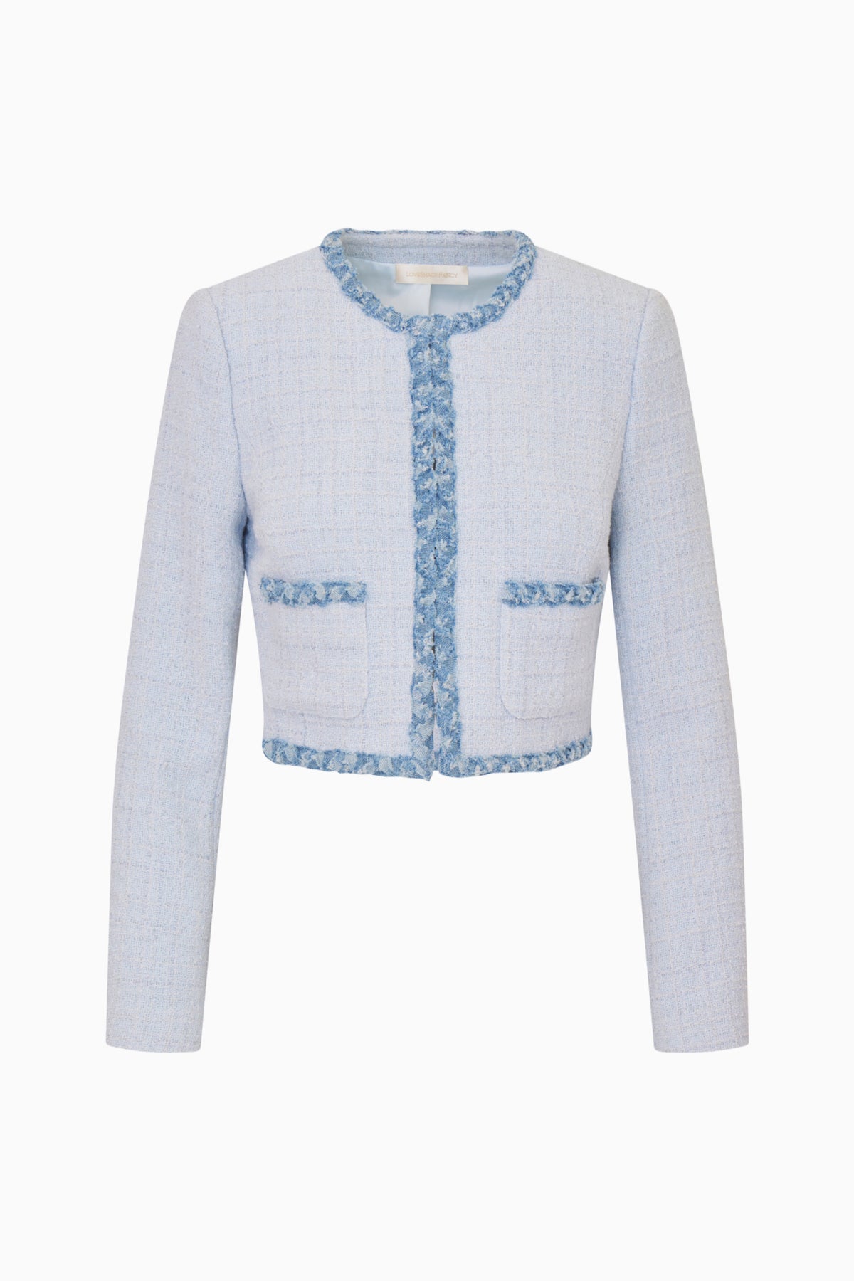 Light blue tweed jacket with denim trim, front button and flap pockets
