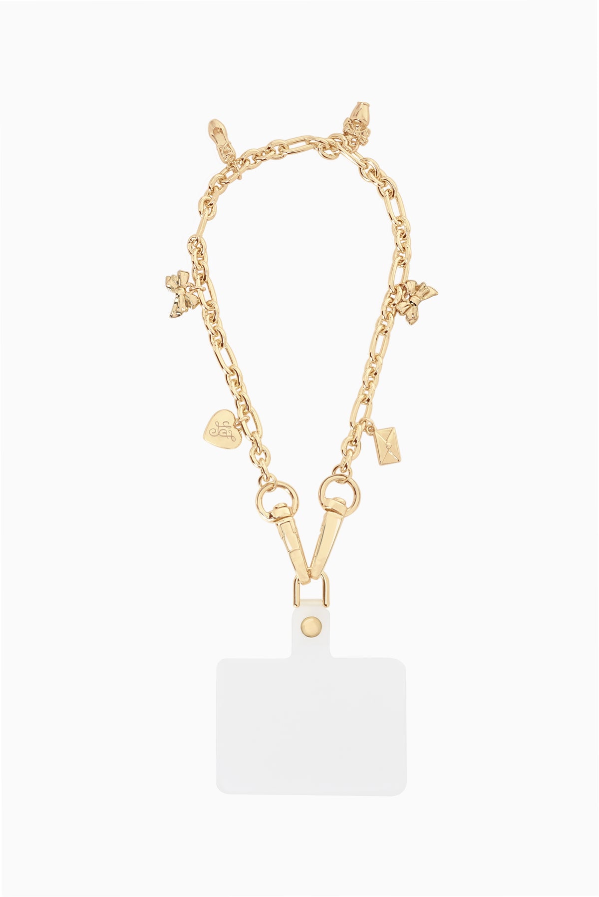 Gold phone charm chain with anchor and heart charms, includes clip connector