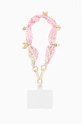 Pink floral fabric phone card charm lanyard with gold anchor, lobster clasp