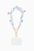 Floral blue phone charm lanyard with clasp, gold links, and starfish details