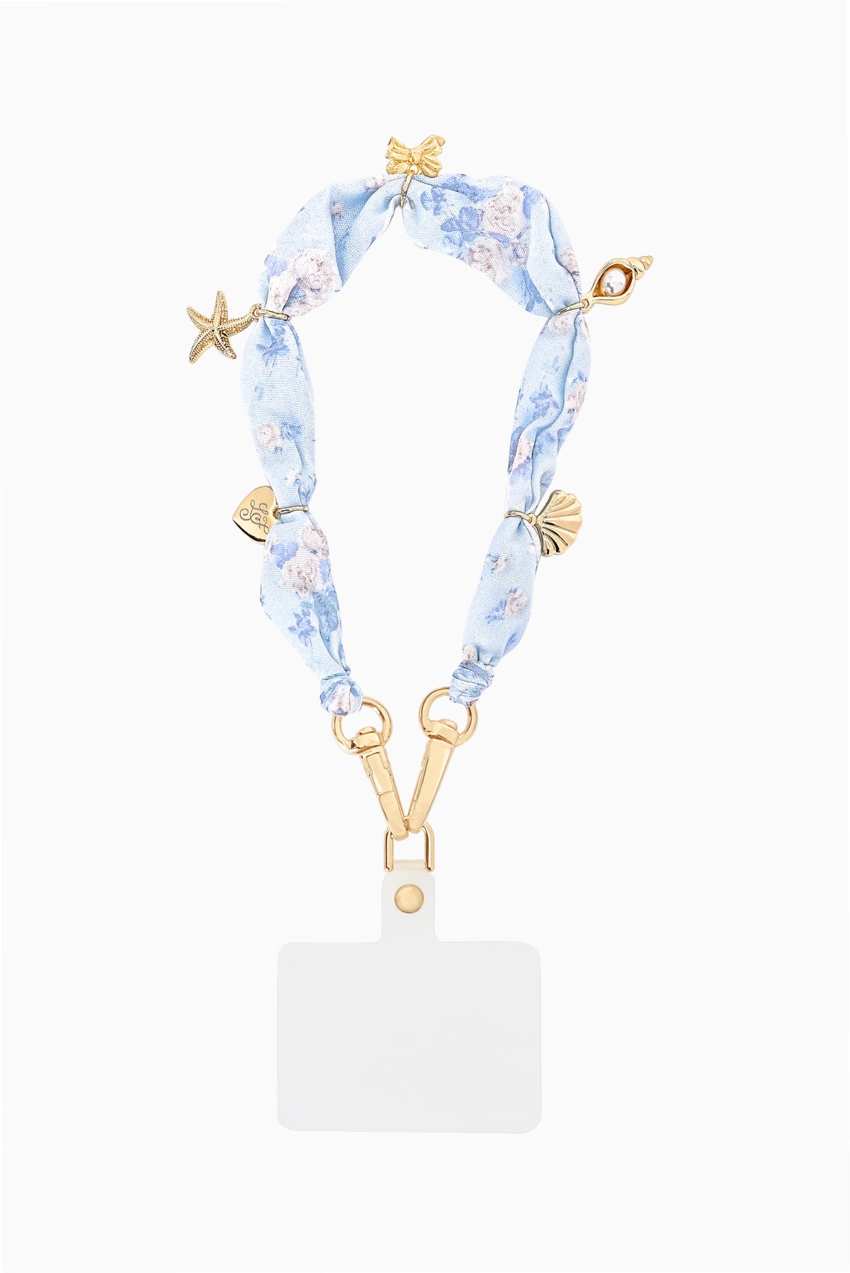 Floral blue phone charm lanyard with clasp, gold links, and starfish details