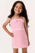 Pink tweed sleeveless dress with bow front and spaghetti straps