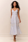Light blue midi cotton dress with spaghetti straps, V-neck, and embroidered stripe pattern