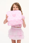 Pink lunch box with heart logo, clear crisscross overlay and zip closure