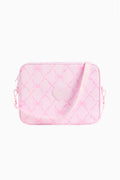 Pink quilted laptop case with heart and lattice pattern