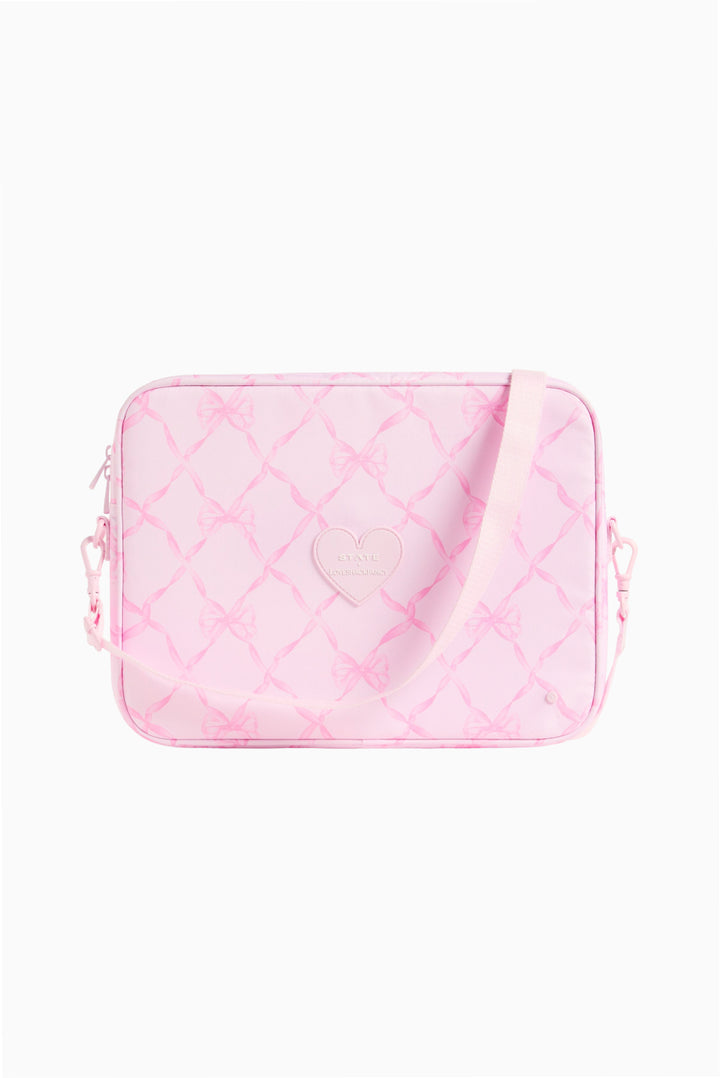 Pink quilted laptop case with heart and lattice pattern